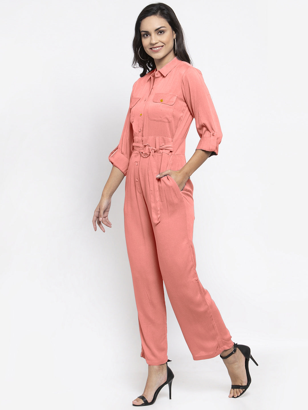 Jompers Women Peach Solid Jumpsuit - Swadesiicart