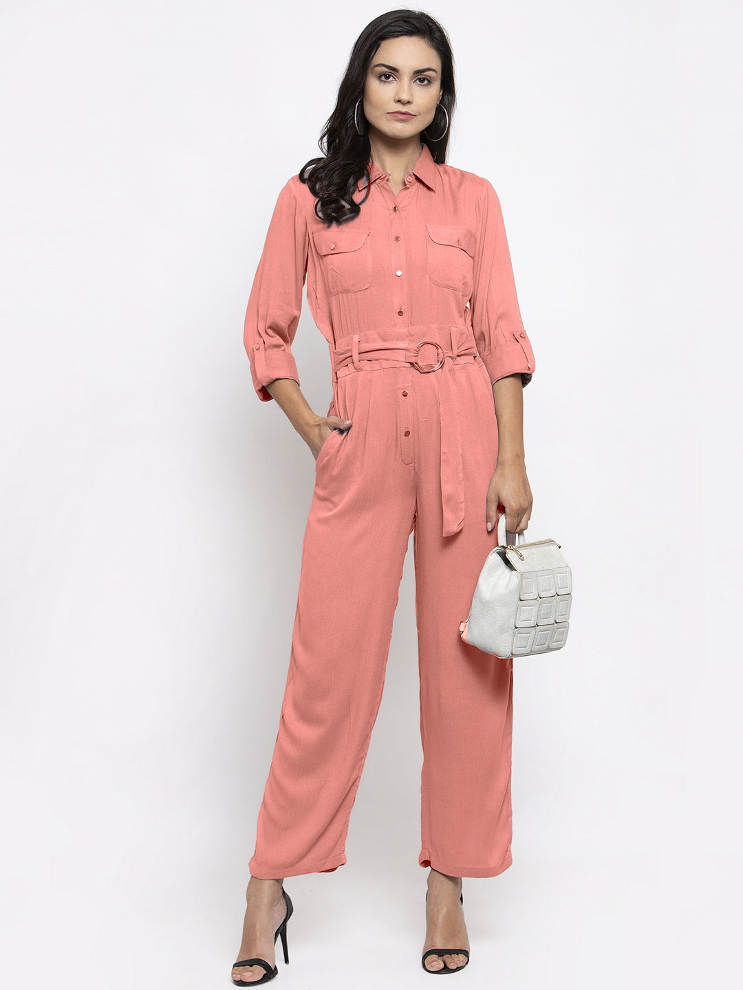 Jompers Women Peach Solid Jumpsuit - Swadesiicart