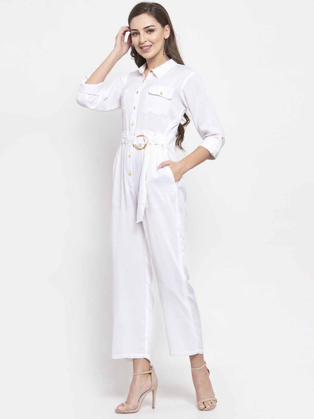 Jompers Women White Solid Jumpsuit - Swadesiicart
