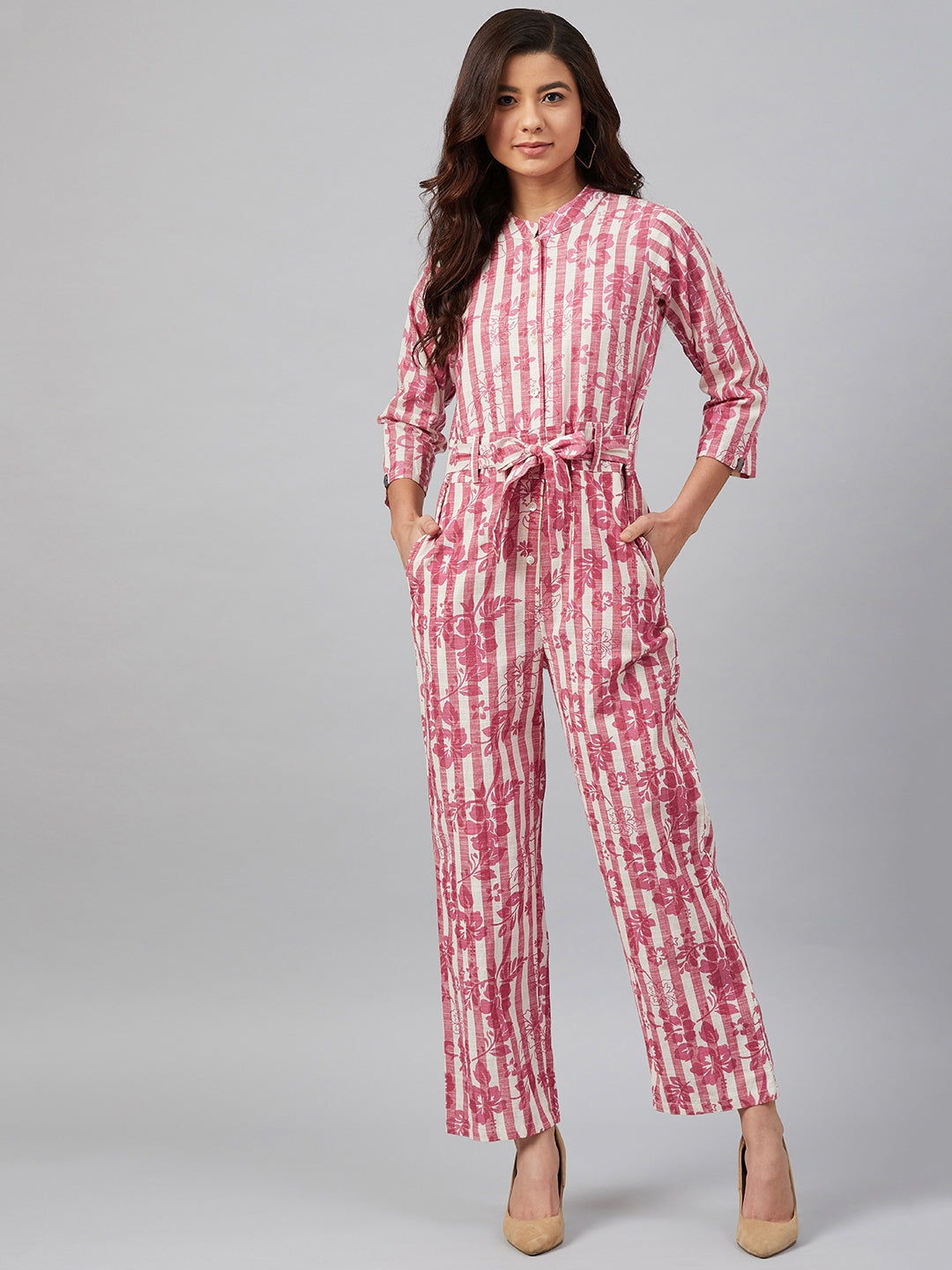 Jompers Women Off-White & Pink Striped Mandarin Collar Basic Jumpsuit - Swadesiicart