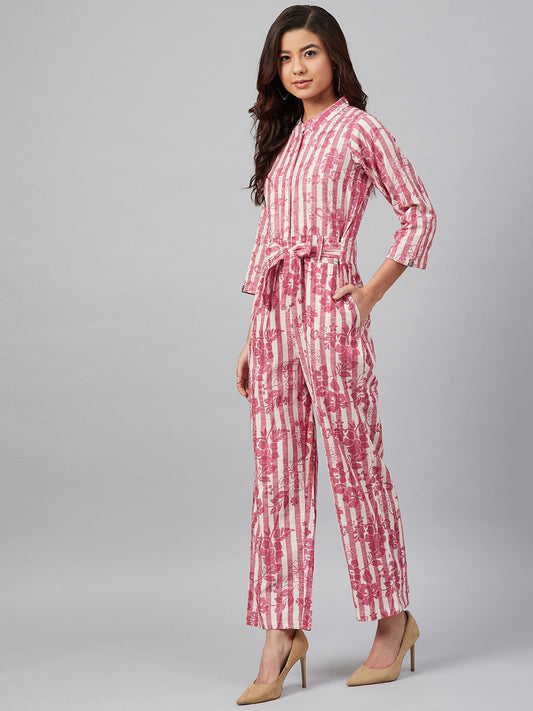 Jompers Women Off-White & Pink Striped Mandarin Collar Basic Jumpsuit - Swadesiicart