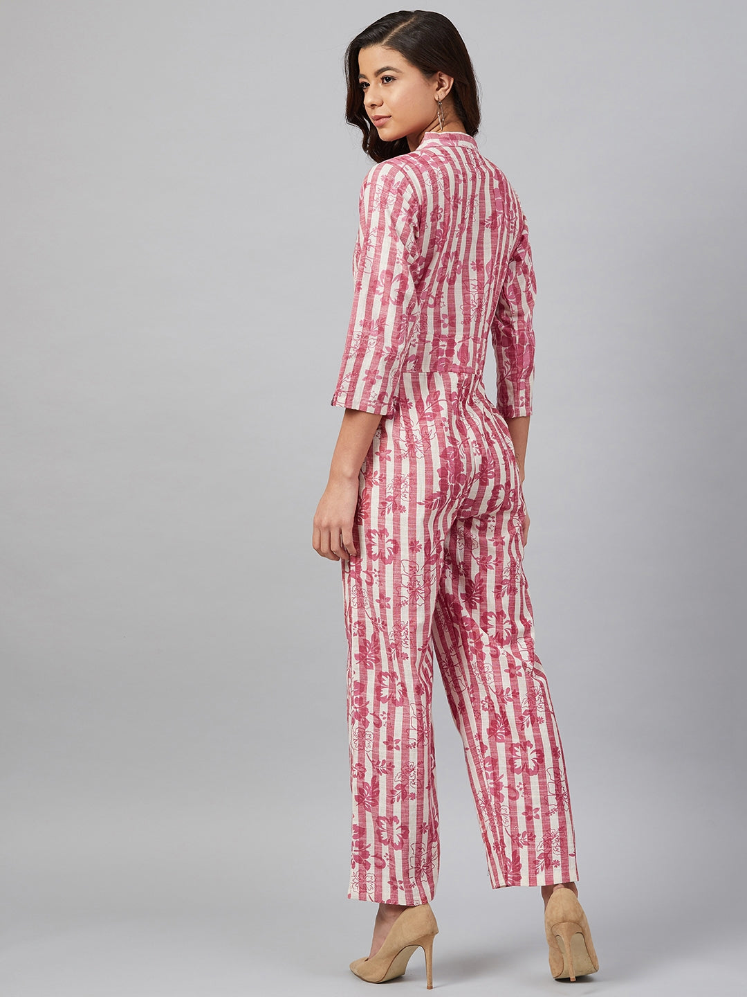 Jompers Women Off-White & Pink Striped Mandarin Collar Basic Jumpsuit - Swadesiicart