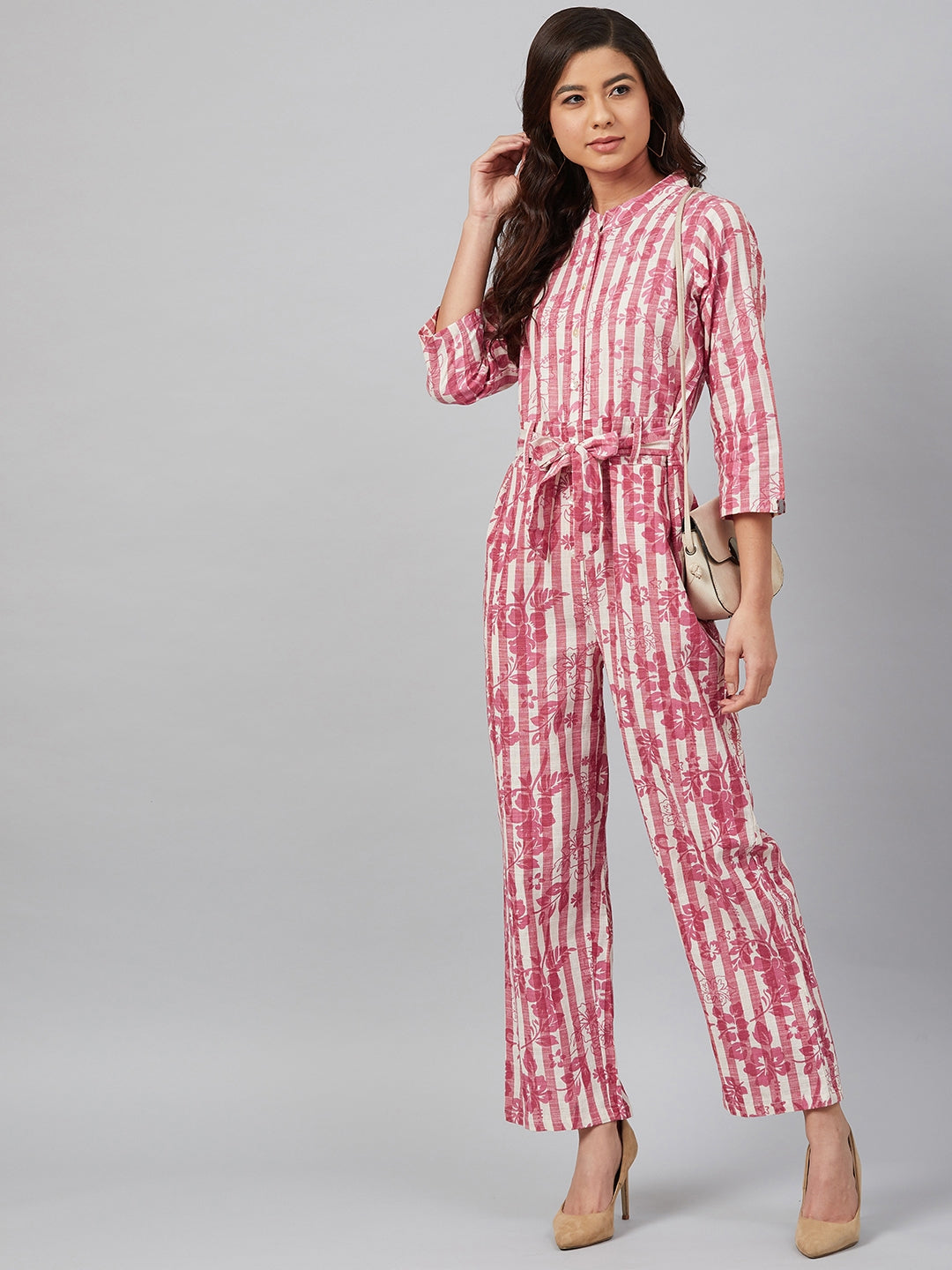Jompers Women Off-White & Pink Striped Mandarin Collar Basic Jumpsuit - Swadesiicart