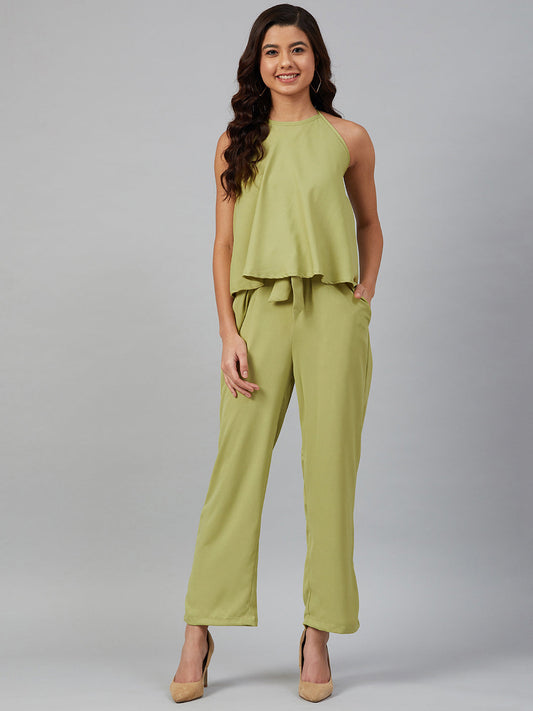 Jompers Women Green-Coloured Solid Halter Neck Basic Jumpsuit - Swadesiicart