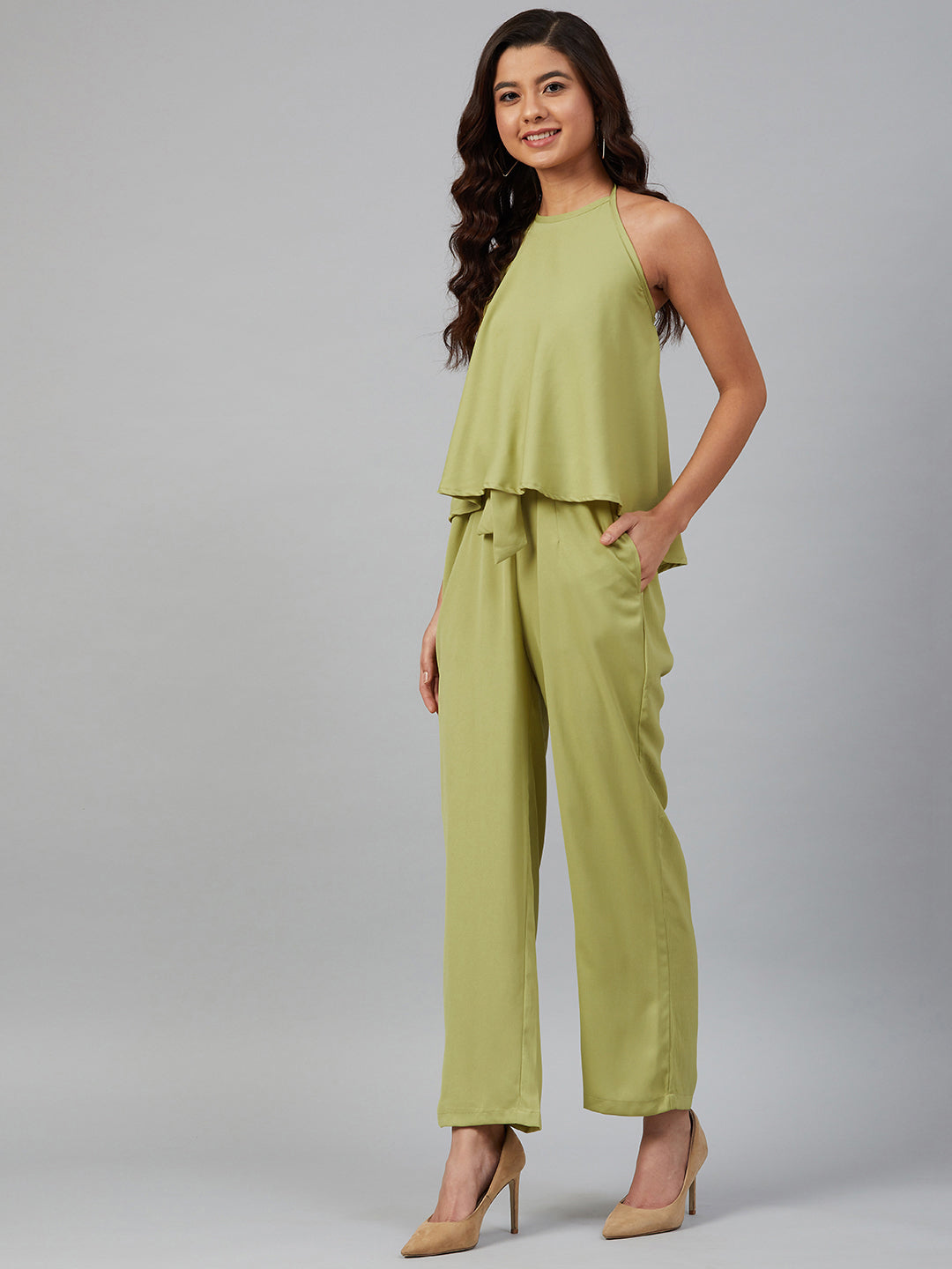 Jompers Women Green-Coloured Solid Halter Neck Basic Jumpsuit - Swadesiicart