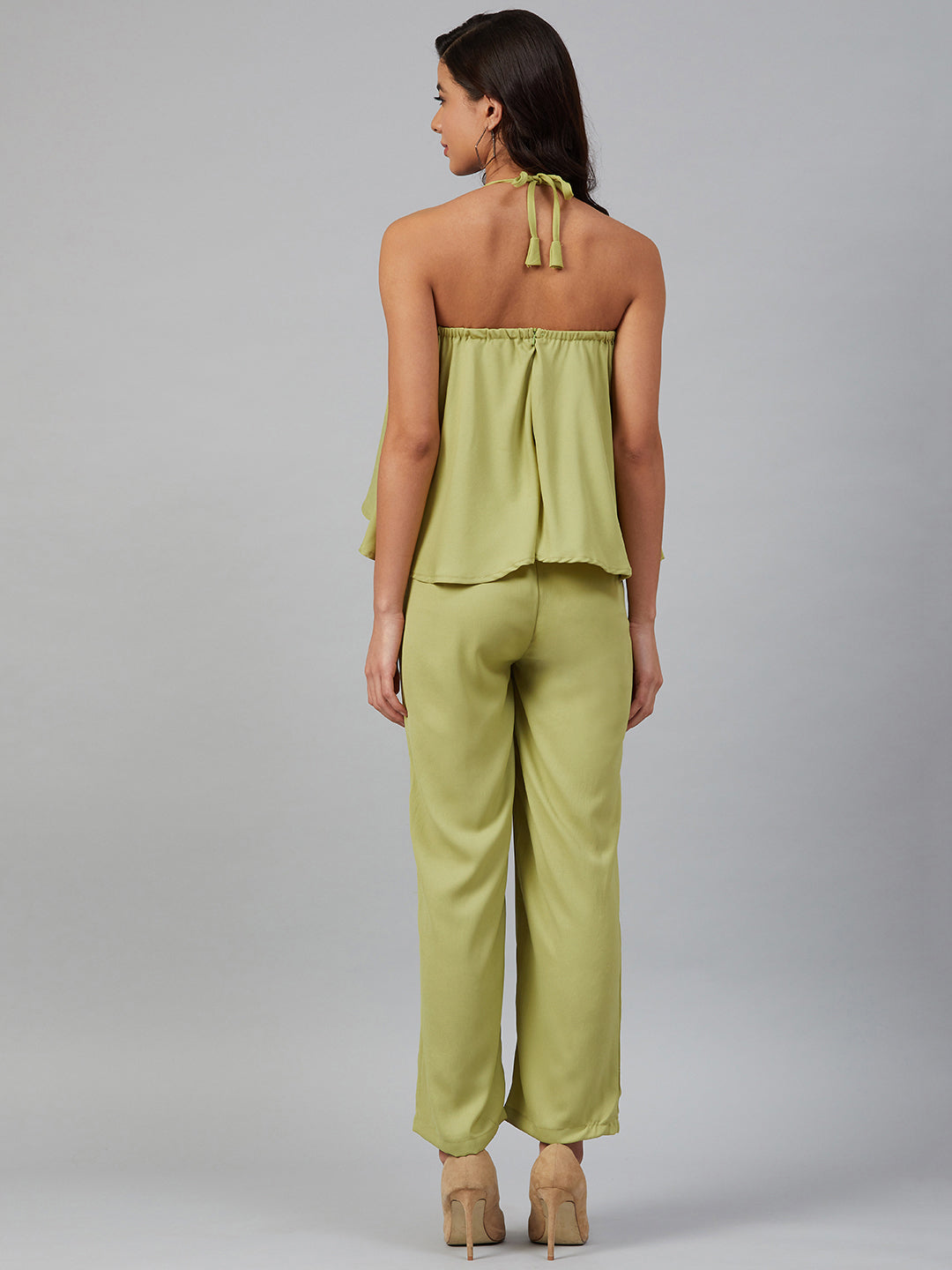 Jompers Women Green-Coloured Solid Halter Neck Basic Jumpsuit - Swadesiicart