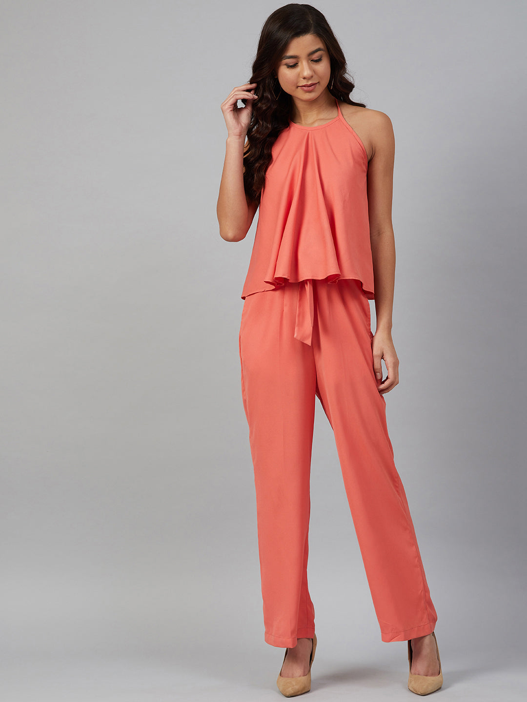 Jompers Women Peach-Coloured Solid Halter Neck Basic Jumpsuit - Swadesiicart