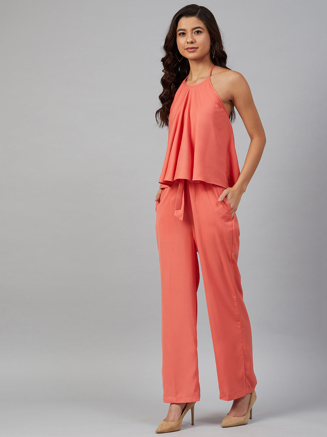 Jompers Women Peach-Coloured Solid Halter Neck Basic Jumpsuit - Swadesiicart
