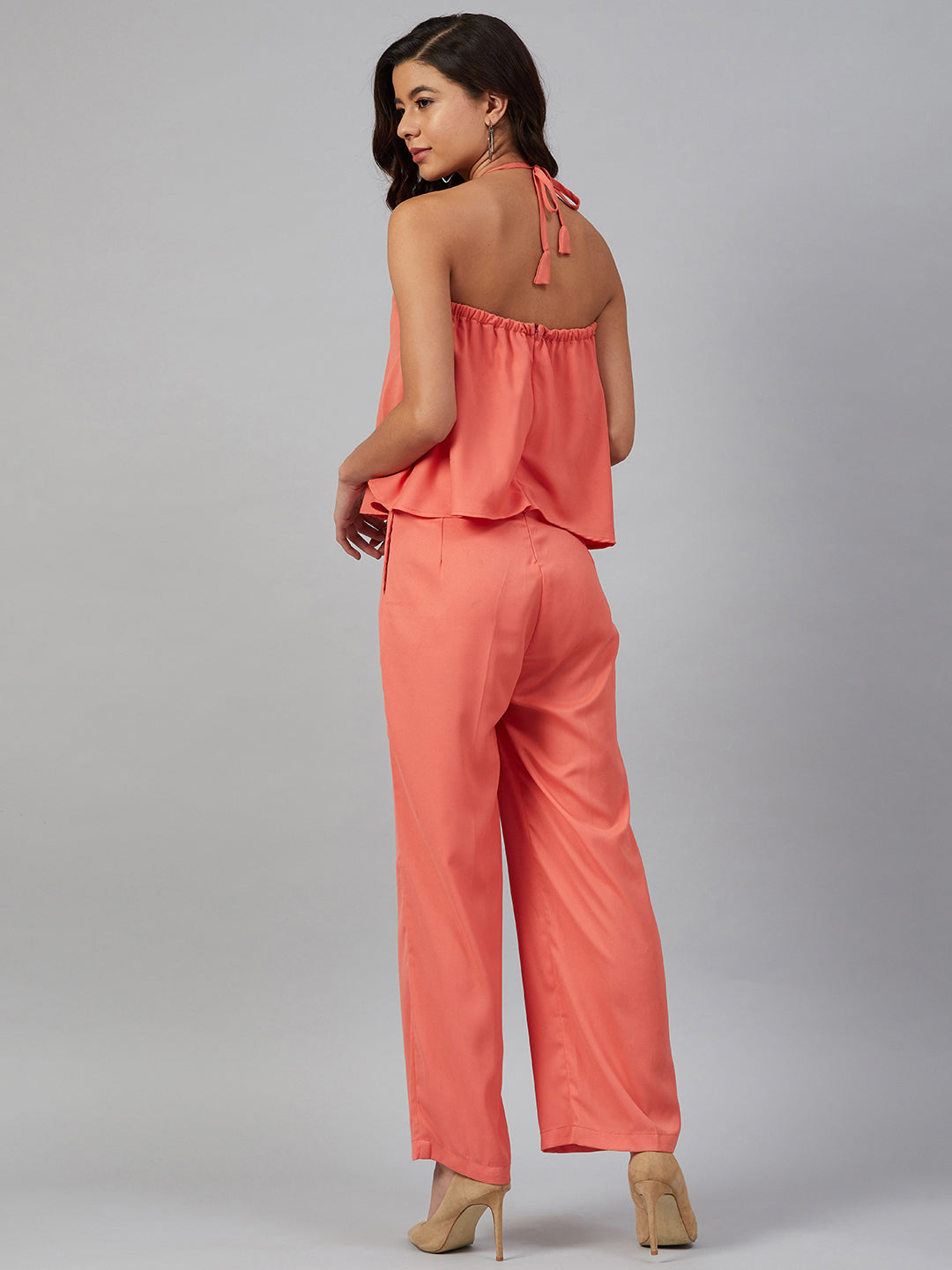 Jompers Women Peach-Coloured Solid Halter Neck Basic Jumpsuit - Swadesiicart