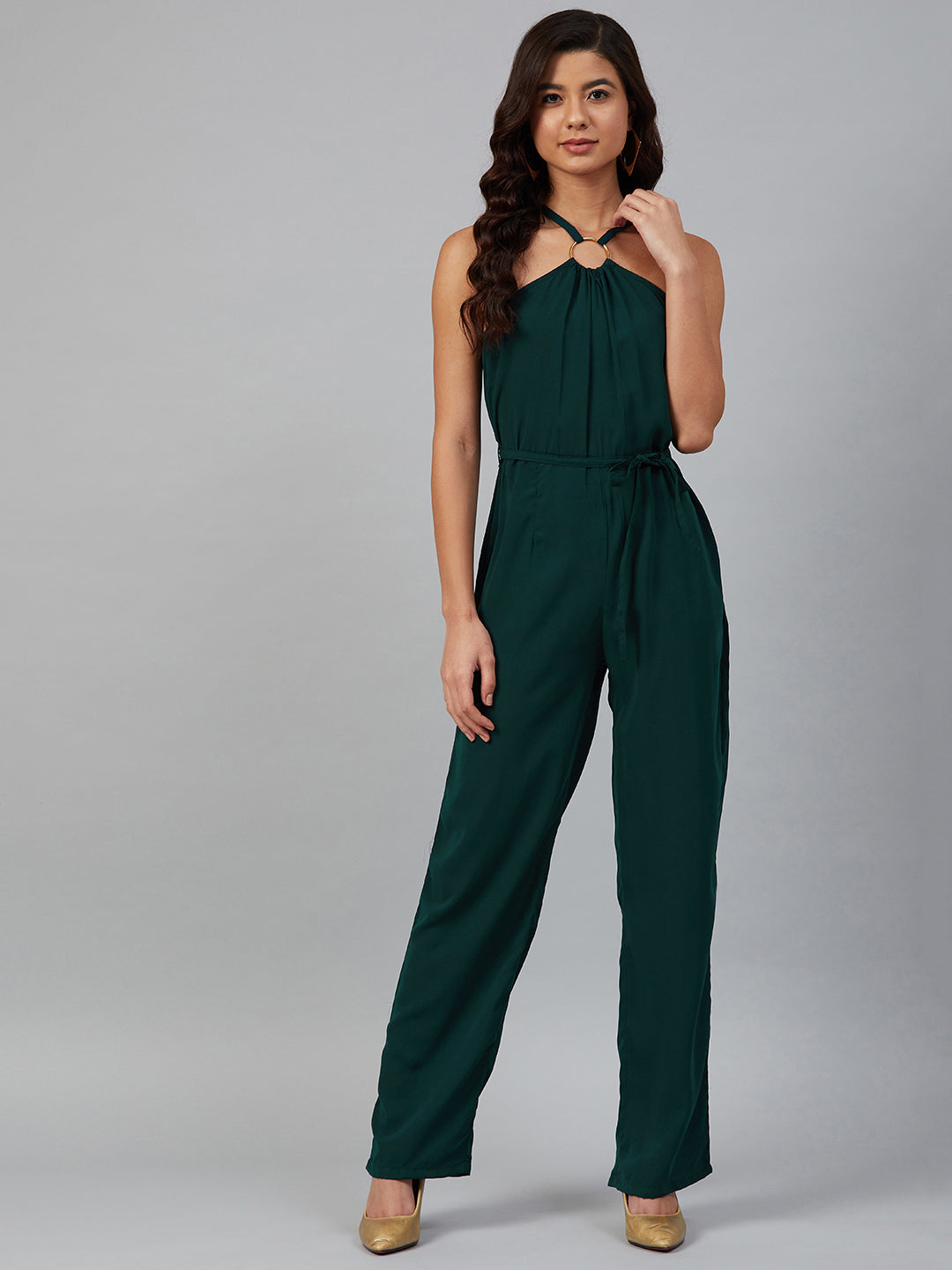 Jompers Women Green Solid Basic Halter Neck Basic Jumpsuit - Swadesiicart