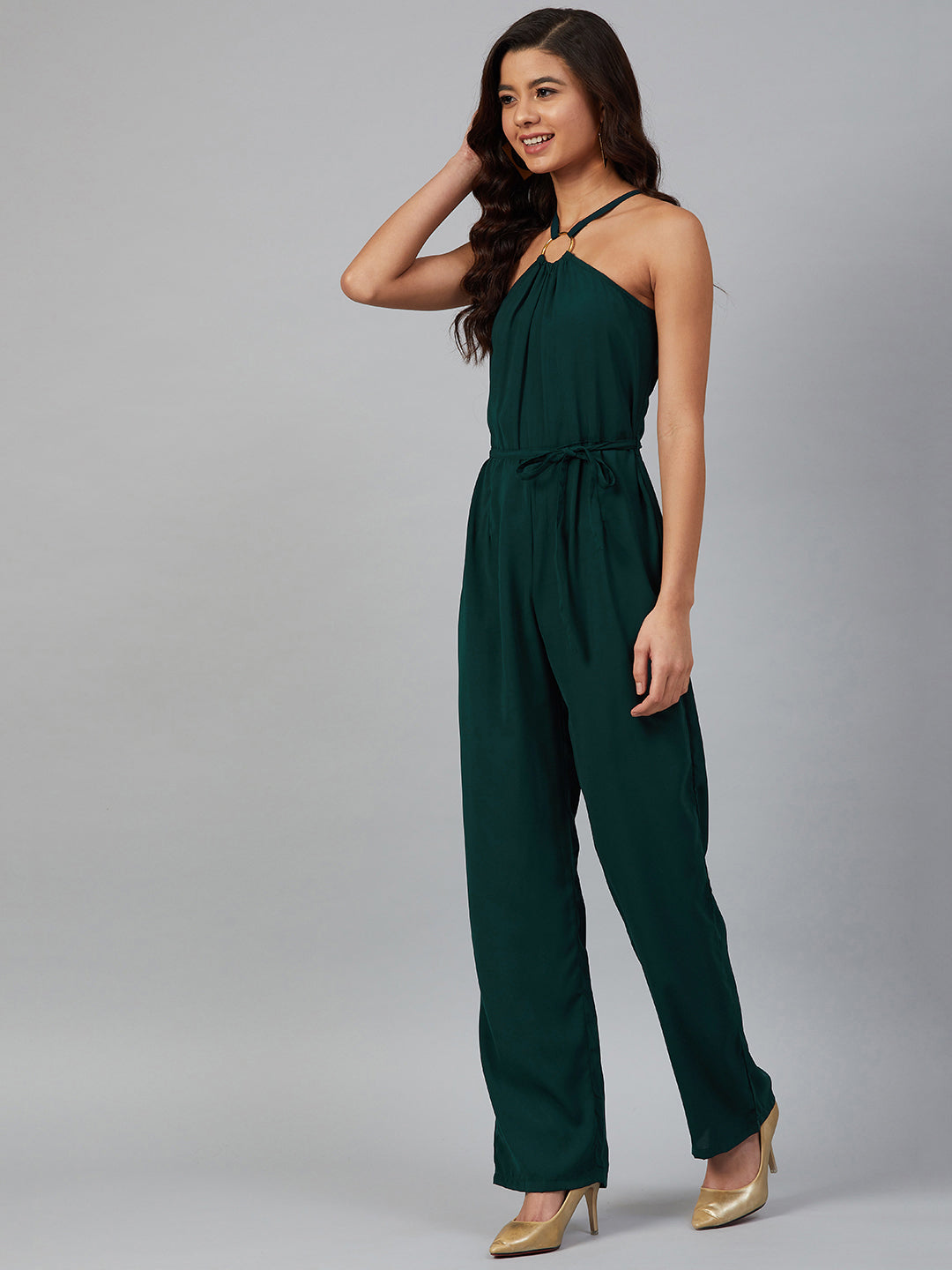 Jompers Women Green Solid Basic Halter Neck Basic Jumpsuit - Swadesiicart