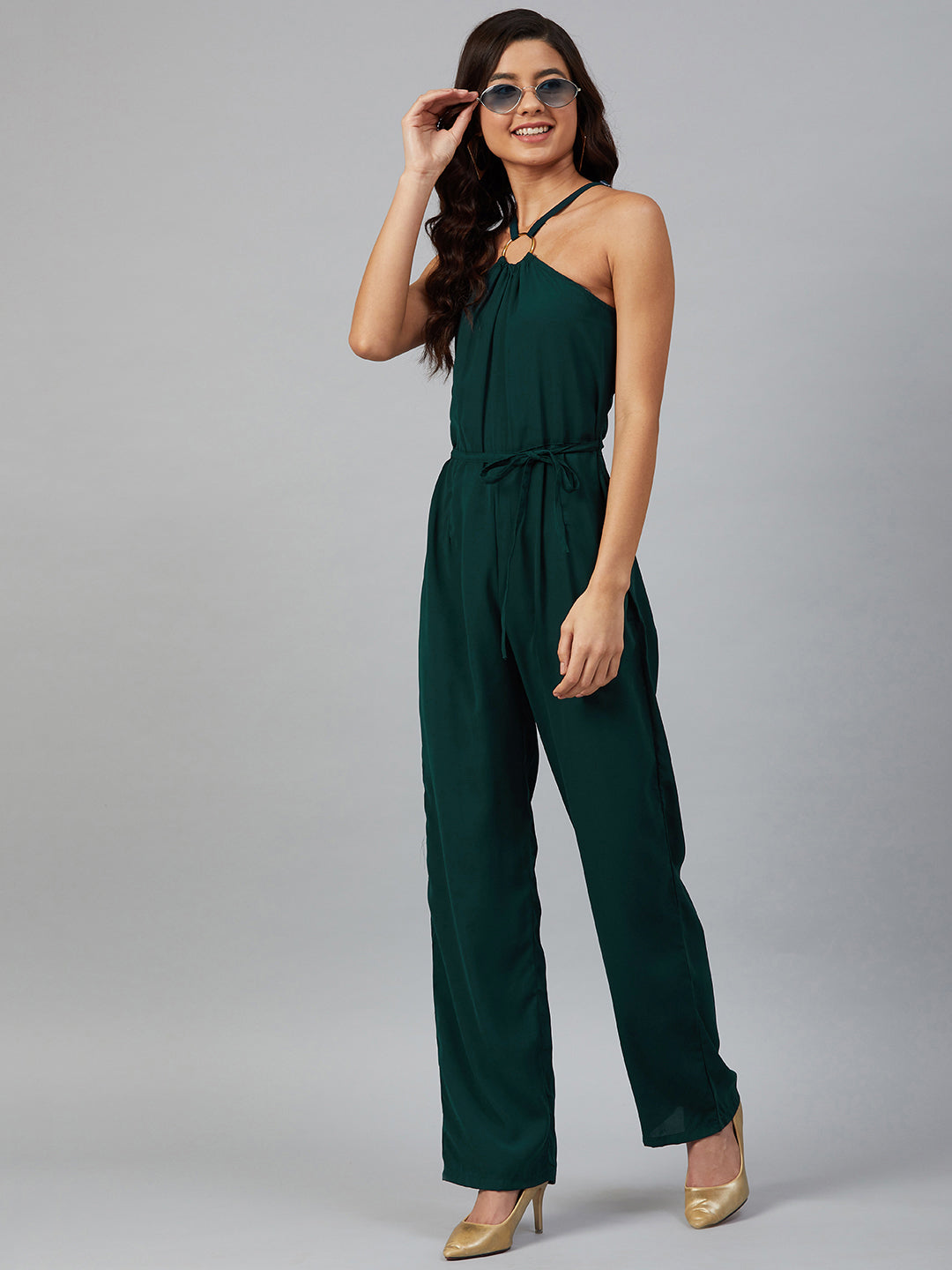Jompers Women Green Solid Basic Halter Neck Basic Jumpsuit - Swadesiicart