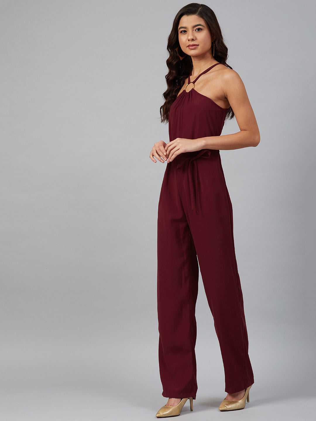 Jompers Women Maroon Solid Basic Halter Neck Basic Jumpsuit - Swadesiicart