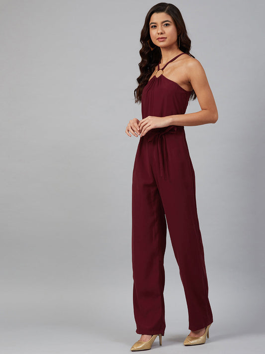 Jompers Women Maroon Solid Basic Halter Neck Basic Jumpsuit - Swadesiicart