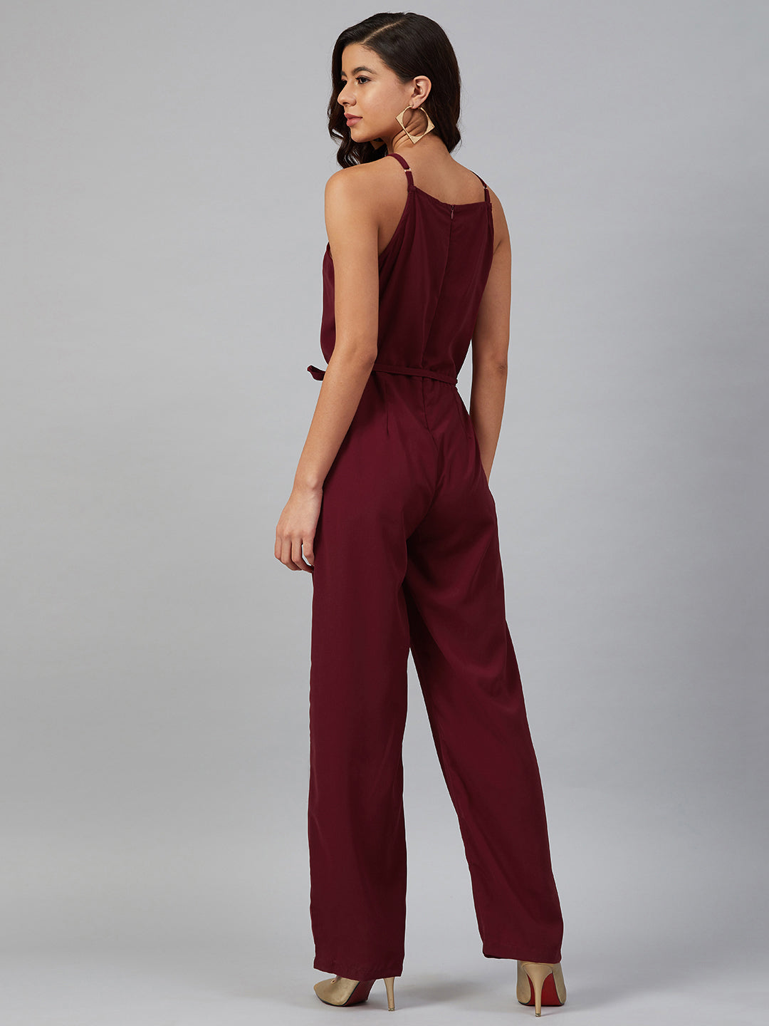Jompers Women Maroon Solid Basic Halter Neck Basic Jumpsuit - Swadesiicart