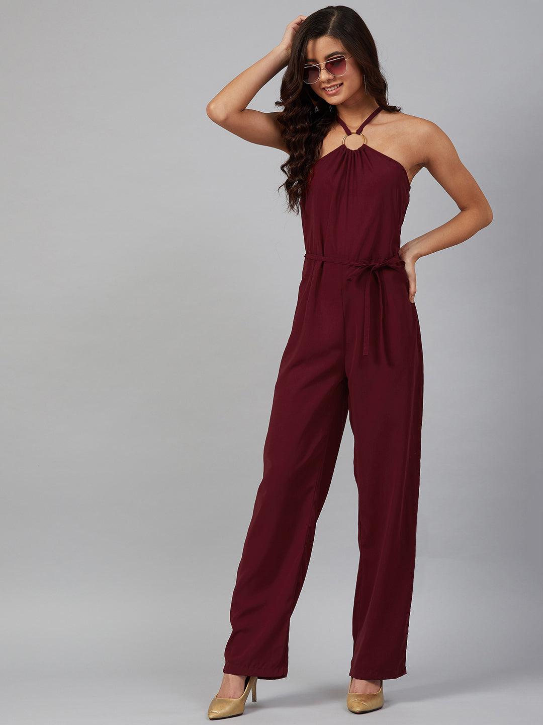 Jompers Women Maroon Solid Basic Halter Neck Basic Jumpsuit - Swadesiicart