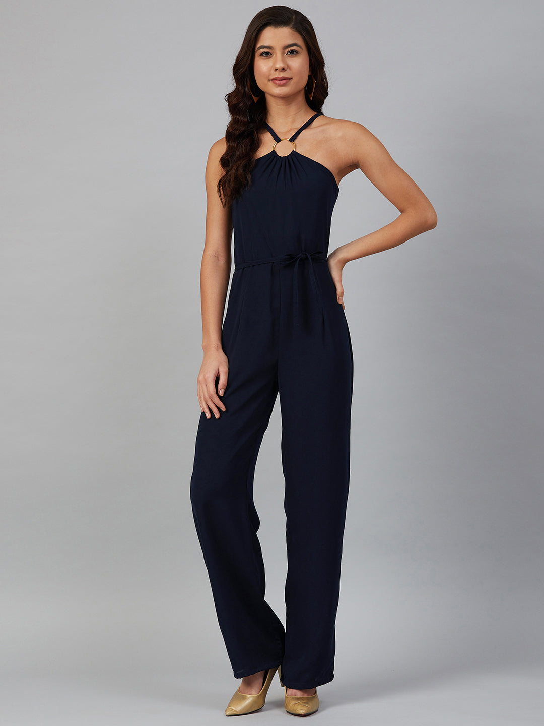 Jompers Women Navy Blue Solid Basic Halter Neck Basic Jumpsuit - Swadesiicart
