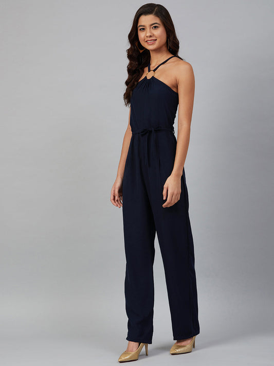 Jompers Women Navy Blue Solid Basic Halter Neck Basic Jumpsuit - Swadesiicart