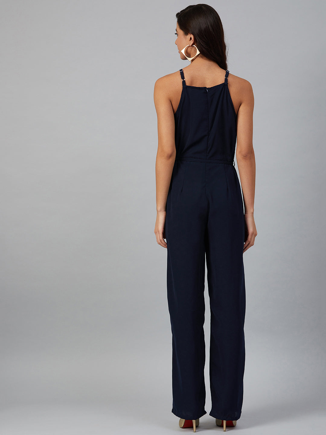 Jompers Women Navy Blue Solid Basic Halter Neck Basic Jumpsuit - Swadesiicart