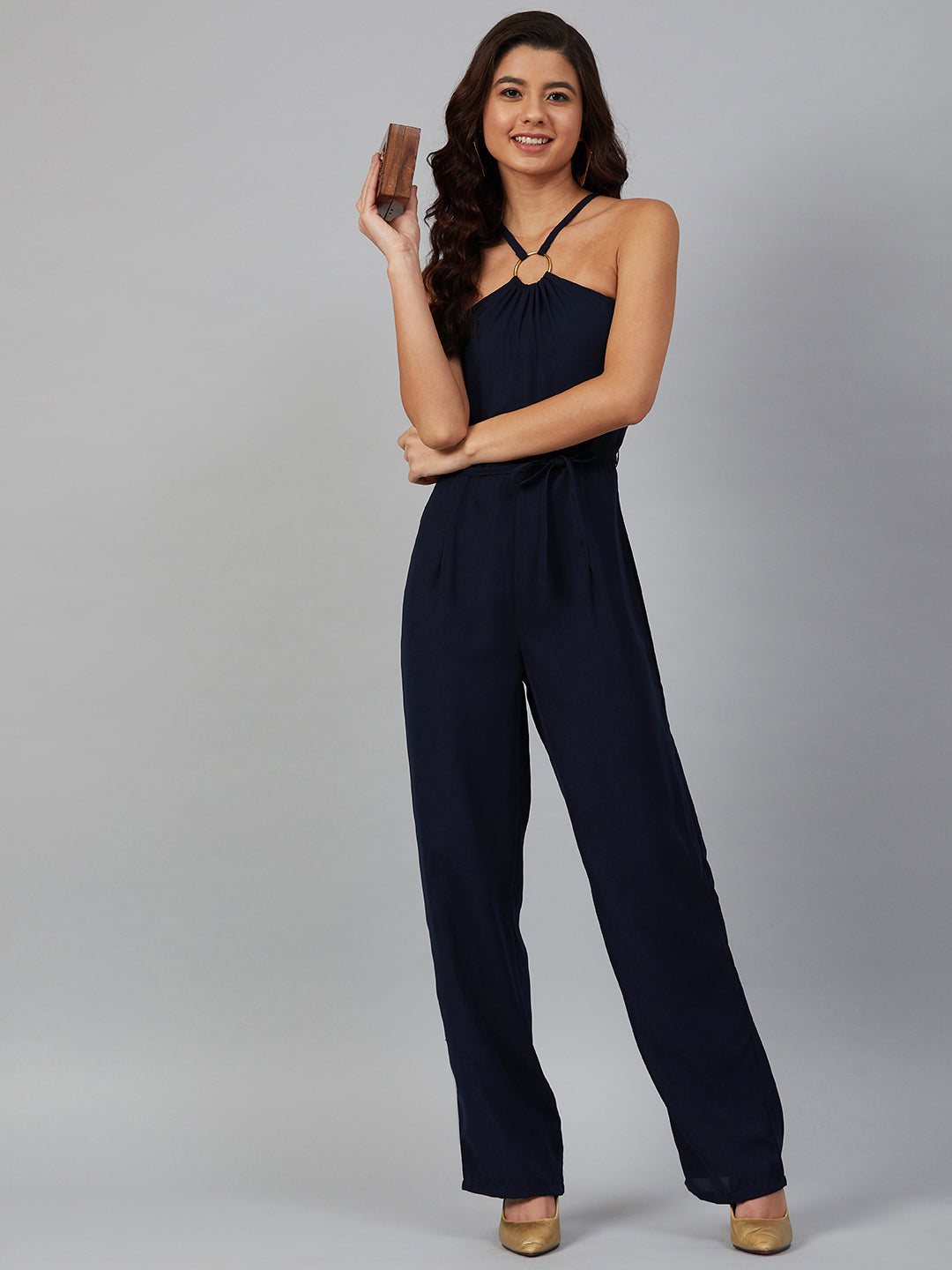 Jompers Women Navy Blue Solid Basic Halter Neck Basic Jumpsuit - Swadesiicart