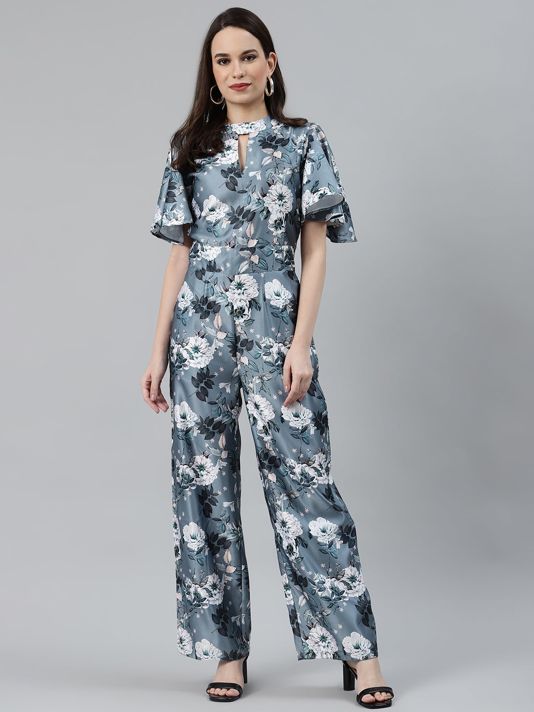 Jompers Women Grey & Off-White Printed Keyhole Neck Flared Sleeves Basic Jumpsuit - Swadesiicart