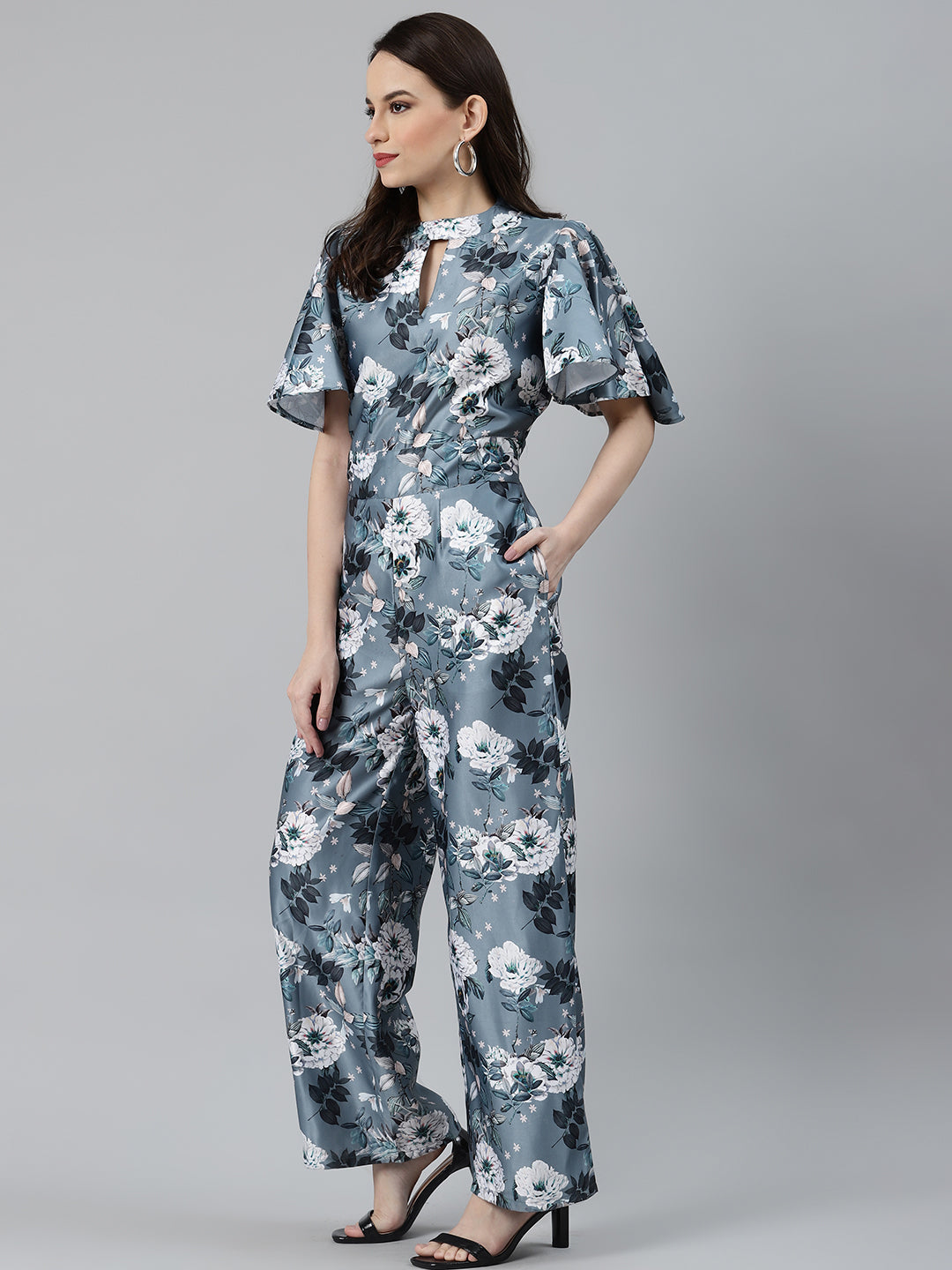 Jompers Women Grey & Off-White Printed Keyhole Neck Flared Sleeves Basic Jumpsuit - Swadesiicart