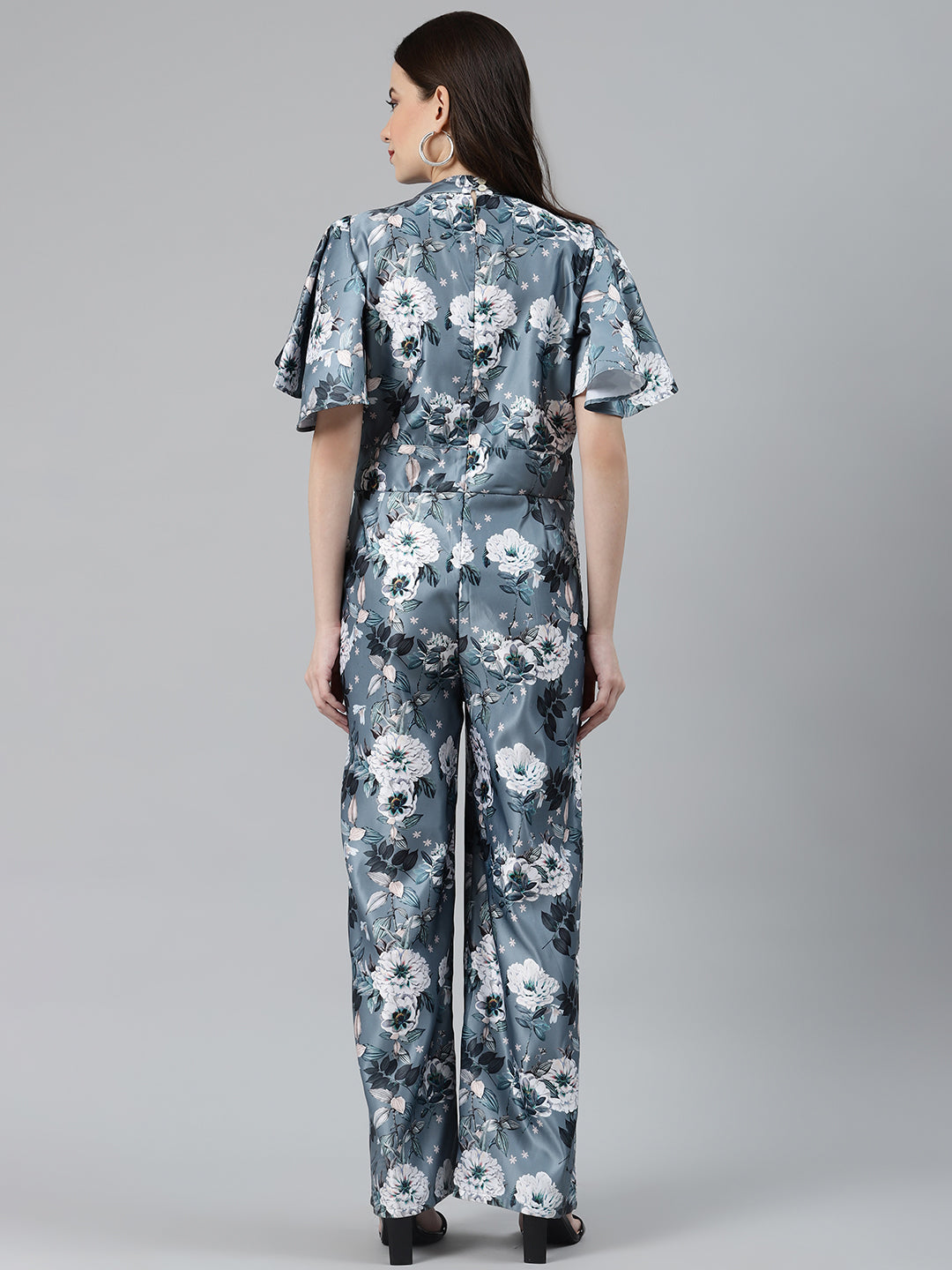 Jompers Women Grey & Off-White Printed Keyhole Neck Flared Sleeves Basic Jumpsuit - Swadesiicart