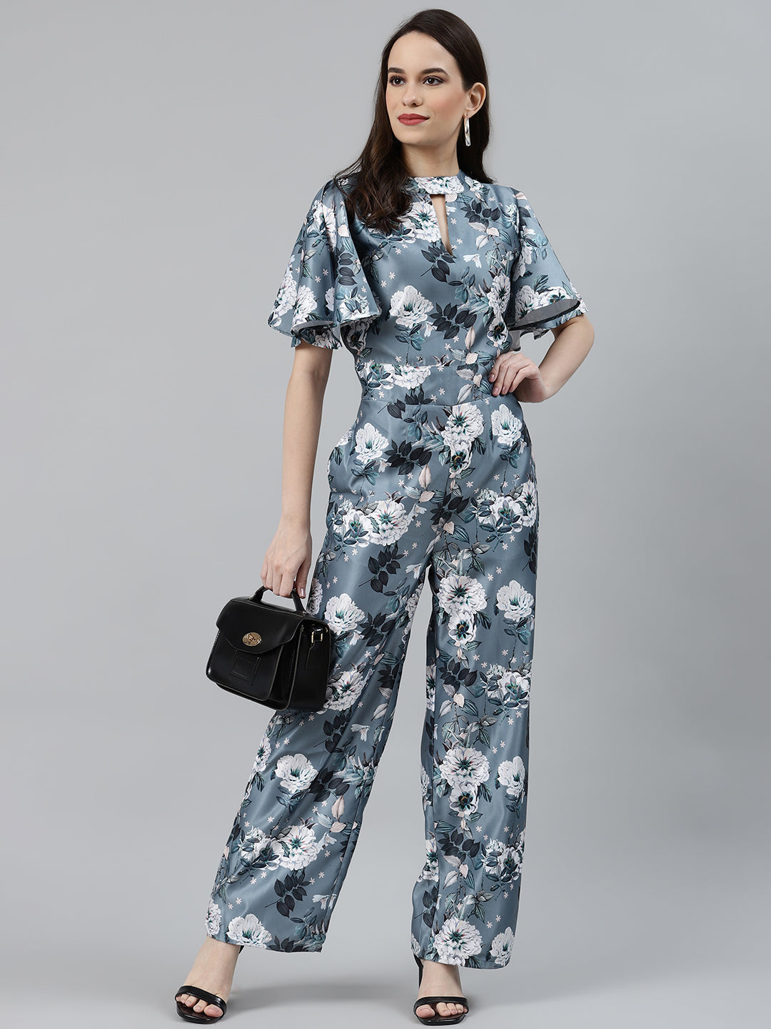 Jompers Women Grey & Off-White Printed Keyhole Neck Flared Sleeves Basic Jumpsuit - Swadesiicart