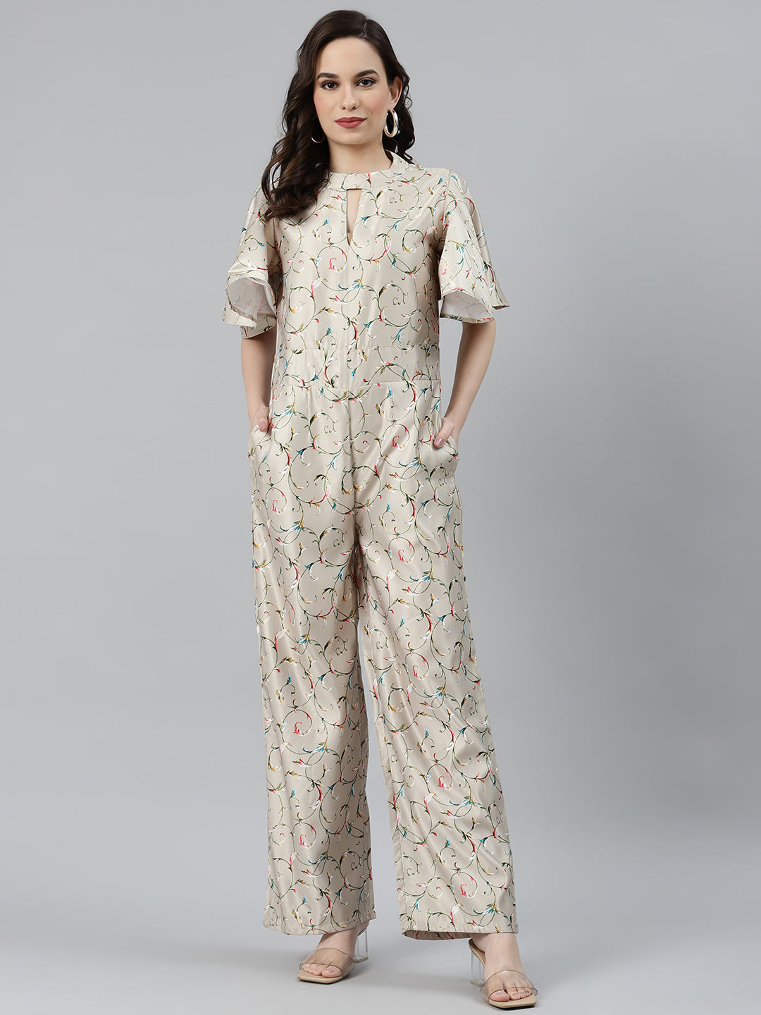 Jompers Women Lime Green & Off-White Printed Keyhole Neck Flared Sleeves Basic Jumpsuit - Swadesiicart