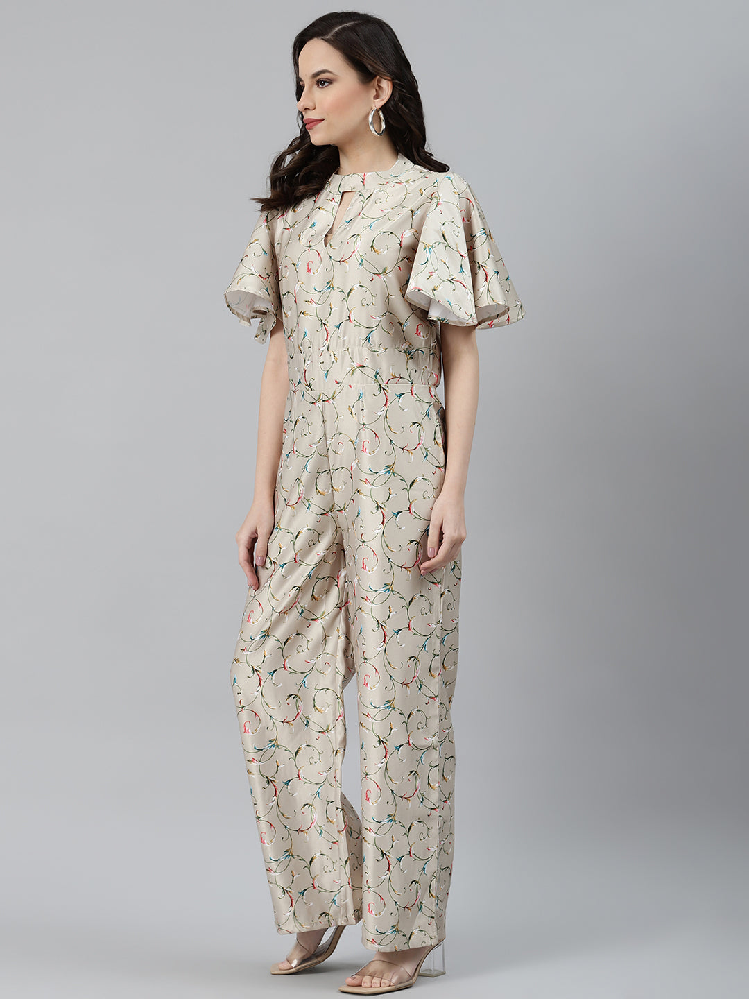 Jompers Women Lime Green & Off-White Printed Keyhole Neck Flared Sleeves Basic Jumpsuit - Swadesiicart