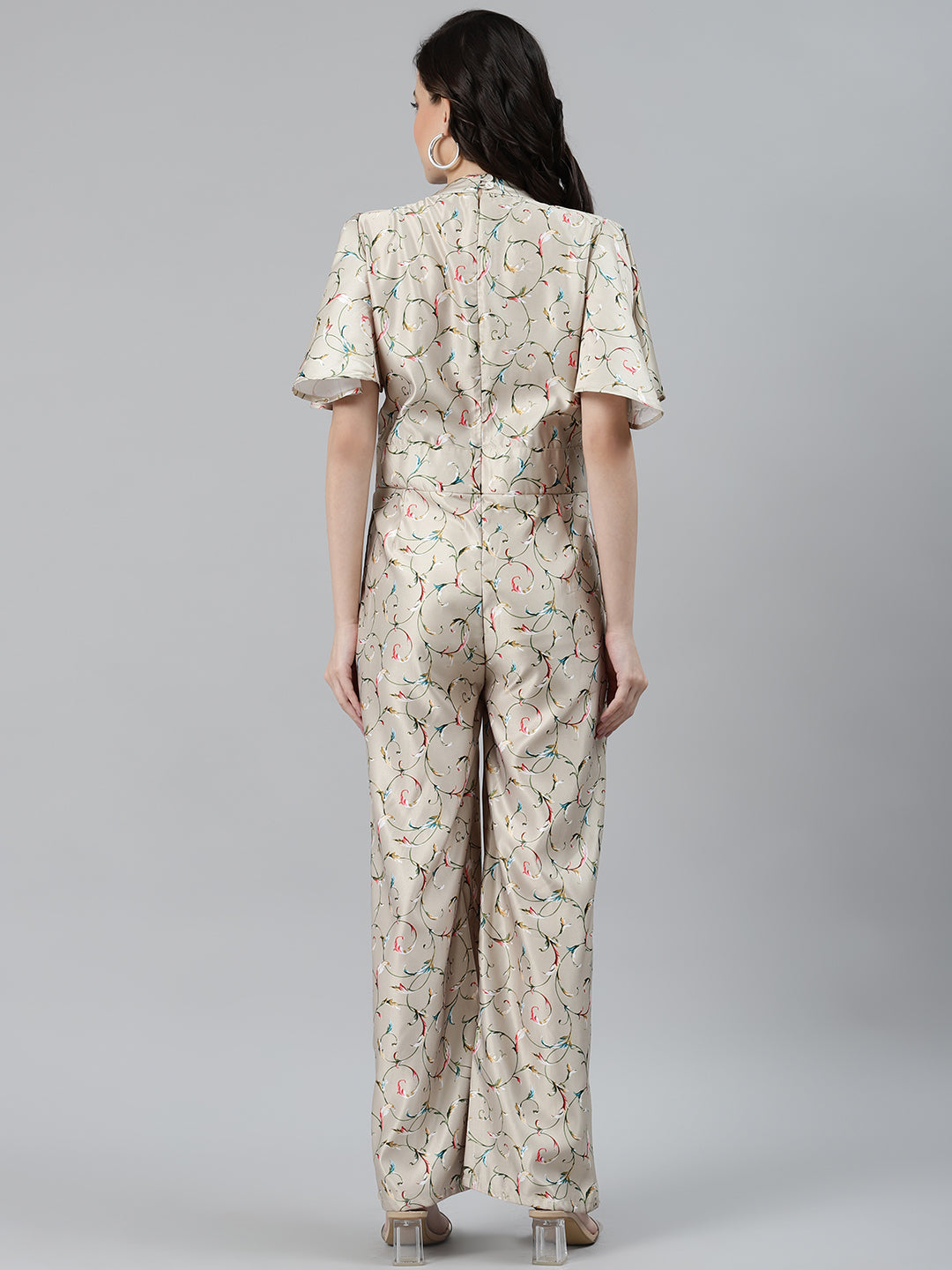 Jompers Women Lime Green & Off-White Printed Keyhole Neck Flared Sleeves Basic Jumpsuit - Swadesiicart