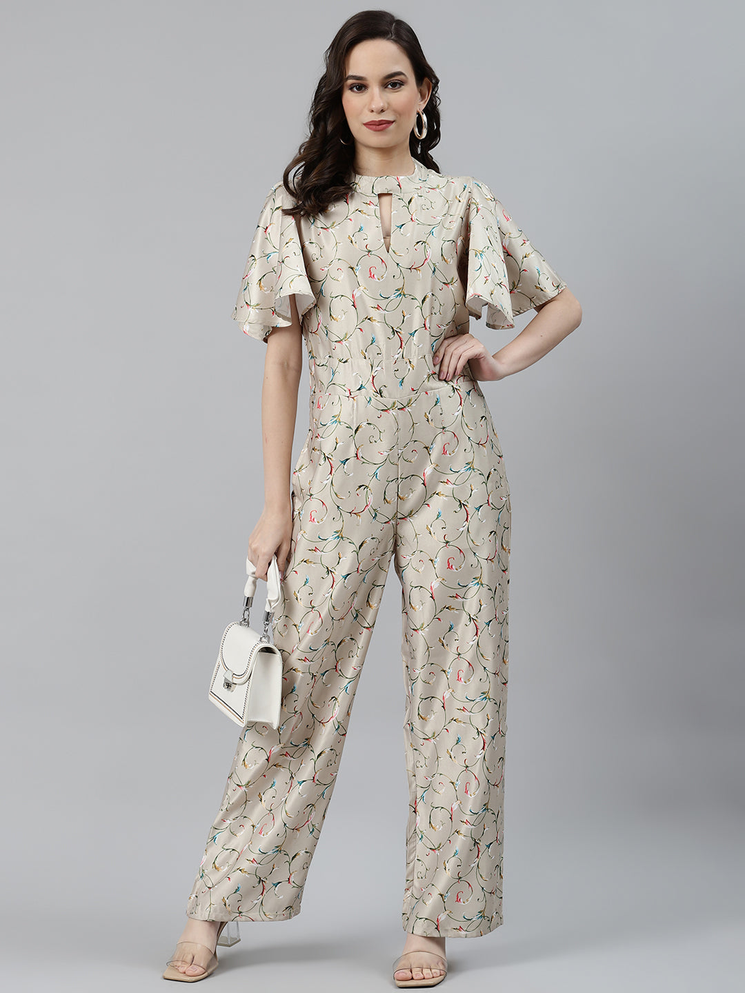 Jompers Women Lime Green & Off-White Printed Keyhole Neck Flared Sleeves Basic Jumpsuit - Swadesiicart