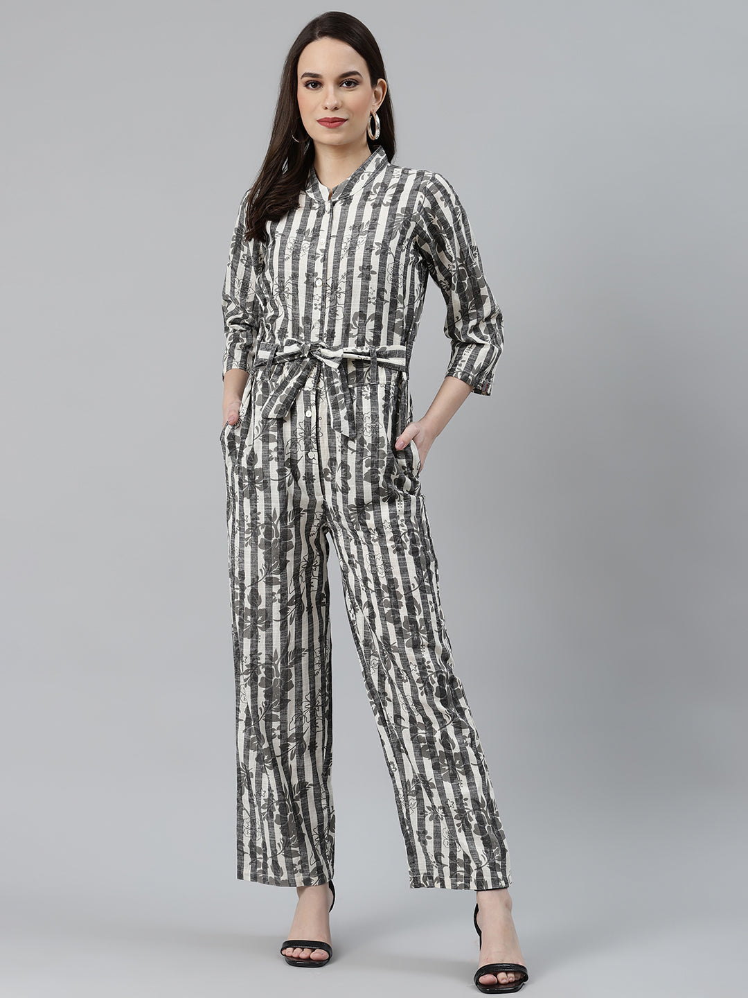 Jompers Women Off-White & Grey Striped Mandarin Collar Basic Jumpsuit - Swadesiicart