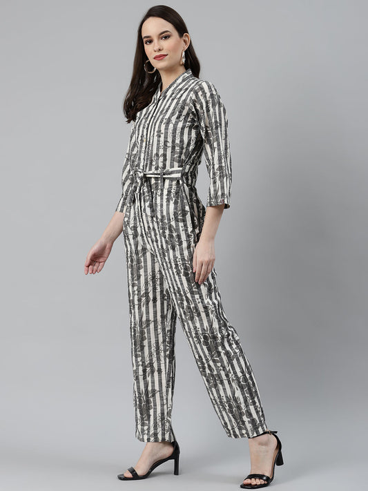 Jompers Women Off-White & Grey Striped Mandarin Collar Basic Jumpsuit - Swadesiicart