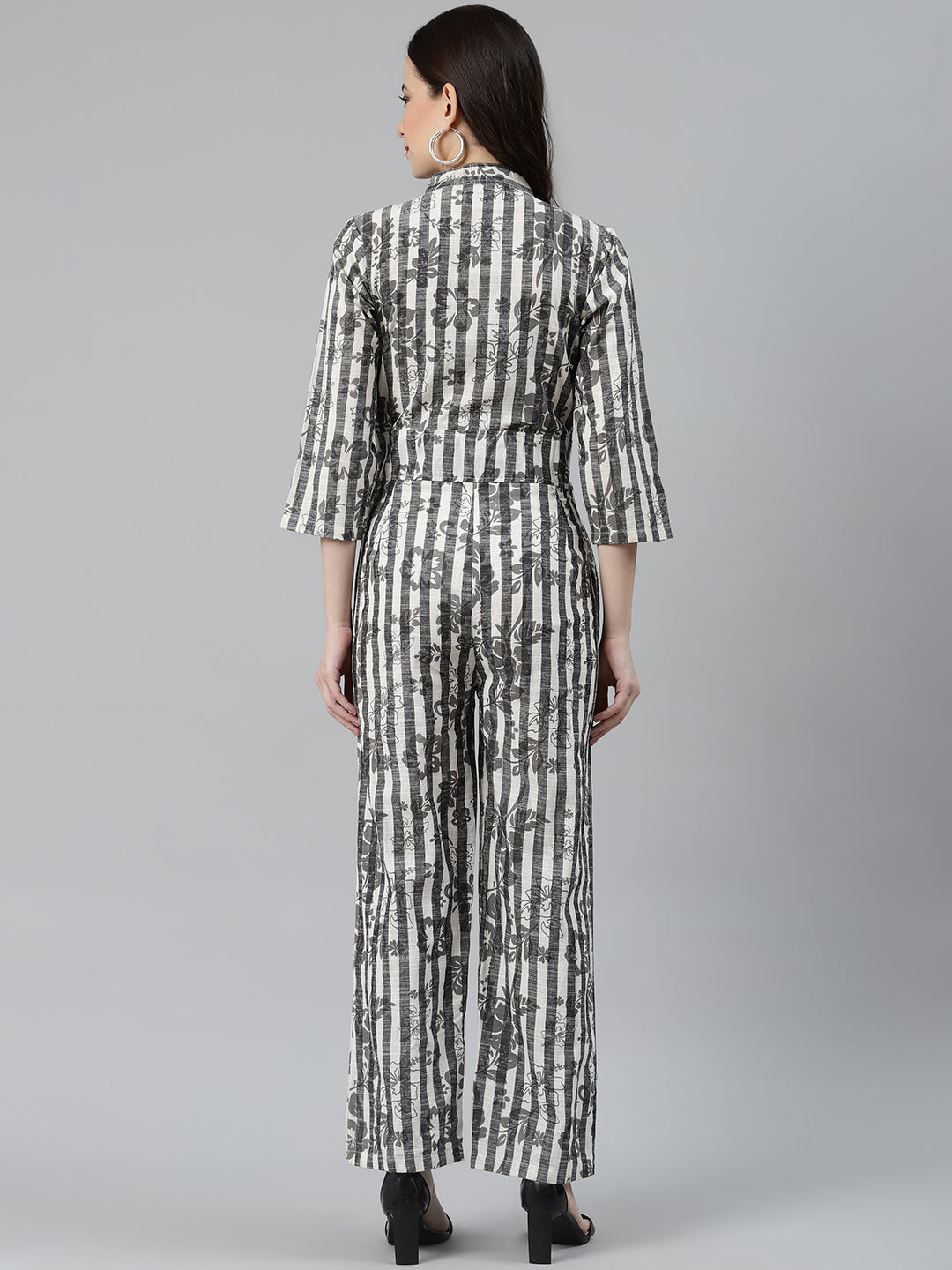 Jompers Women Off-White & Grey Striped Mandarin Collar Basic Jumpsuit - Swadesiicart