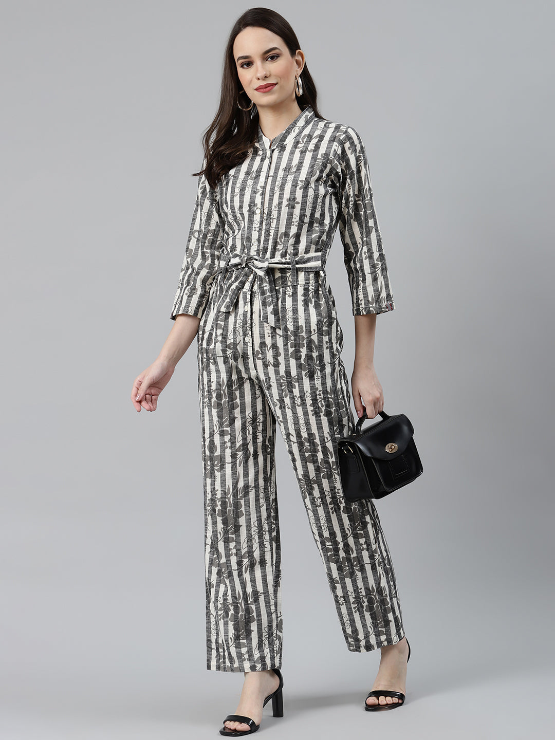 Jompers Women Off-White & Grey Striped Mandarin Collar Basic Jumpsuit - Swadesiicart