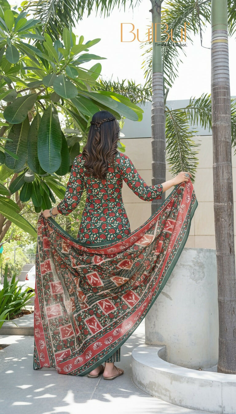 BulBul Fashionista Green Cotton Kurta Set with Dupatta - Swadesiicart