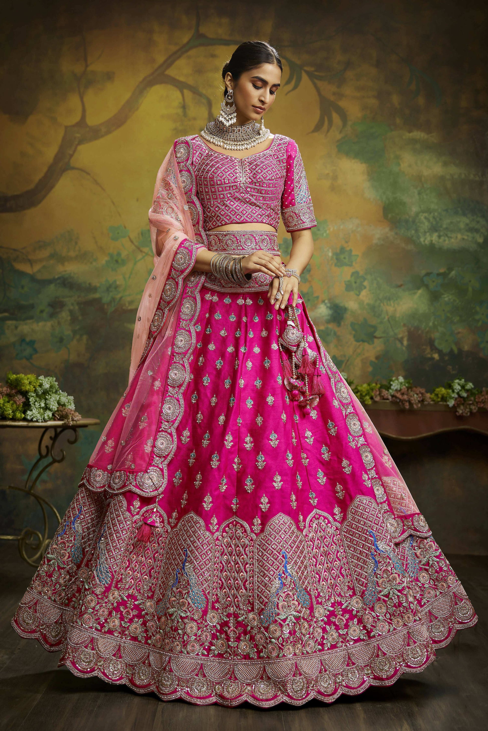House of Panchhi Pink Pure Silk Moti & Zarkan heavy embroidery Lehenga choli & Dupatta | Swadesiicart