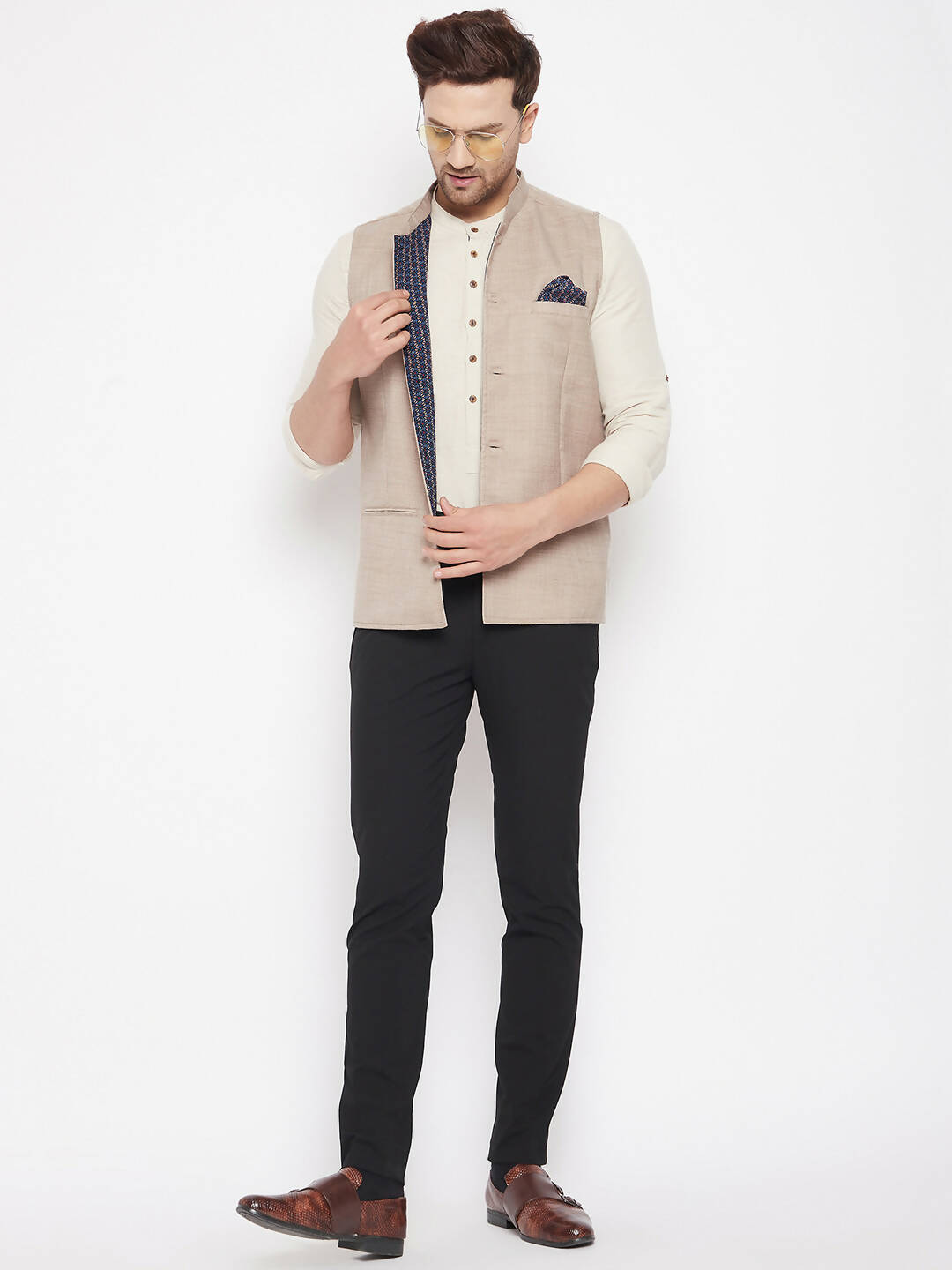 Even Apparels Cream Linen Men's Nehru Jacket-Contrast Lining-Inbuilt Pocket Square | Swadesiicart