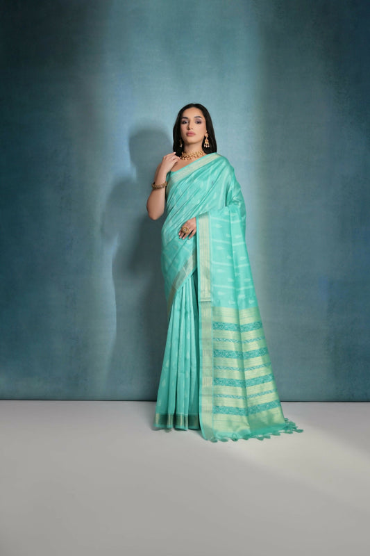 Vishnu Weaves Women's Sea-Green Raw Silk Zari Woven Saree with Blouse - Swadesiicart