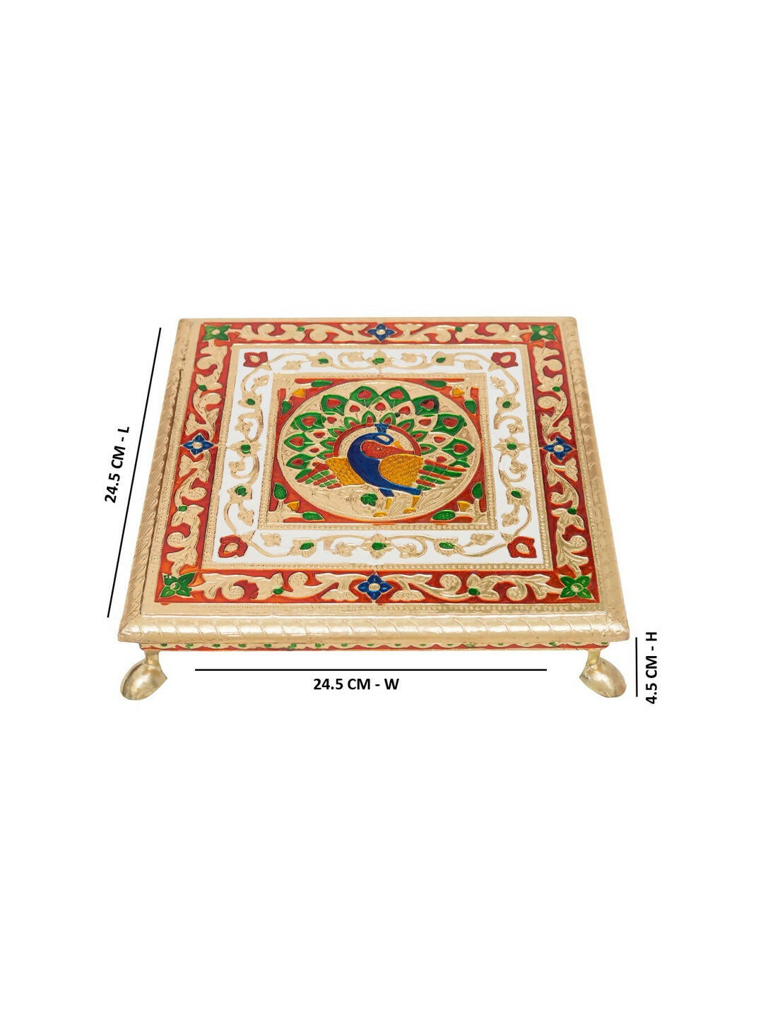 Golden Peacock Gold-Toned & Red Handcrafted Minakari Peacock Design Wooden Chowki | Swadesiicart