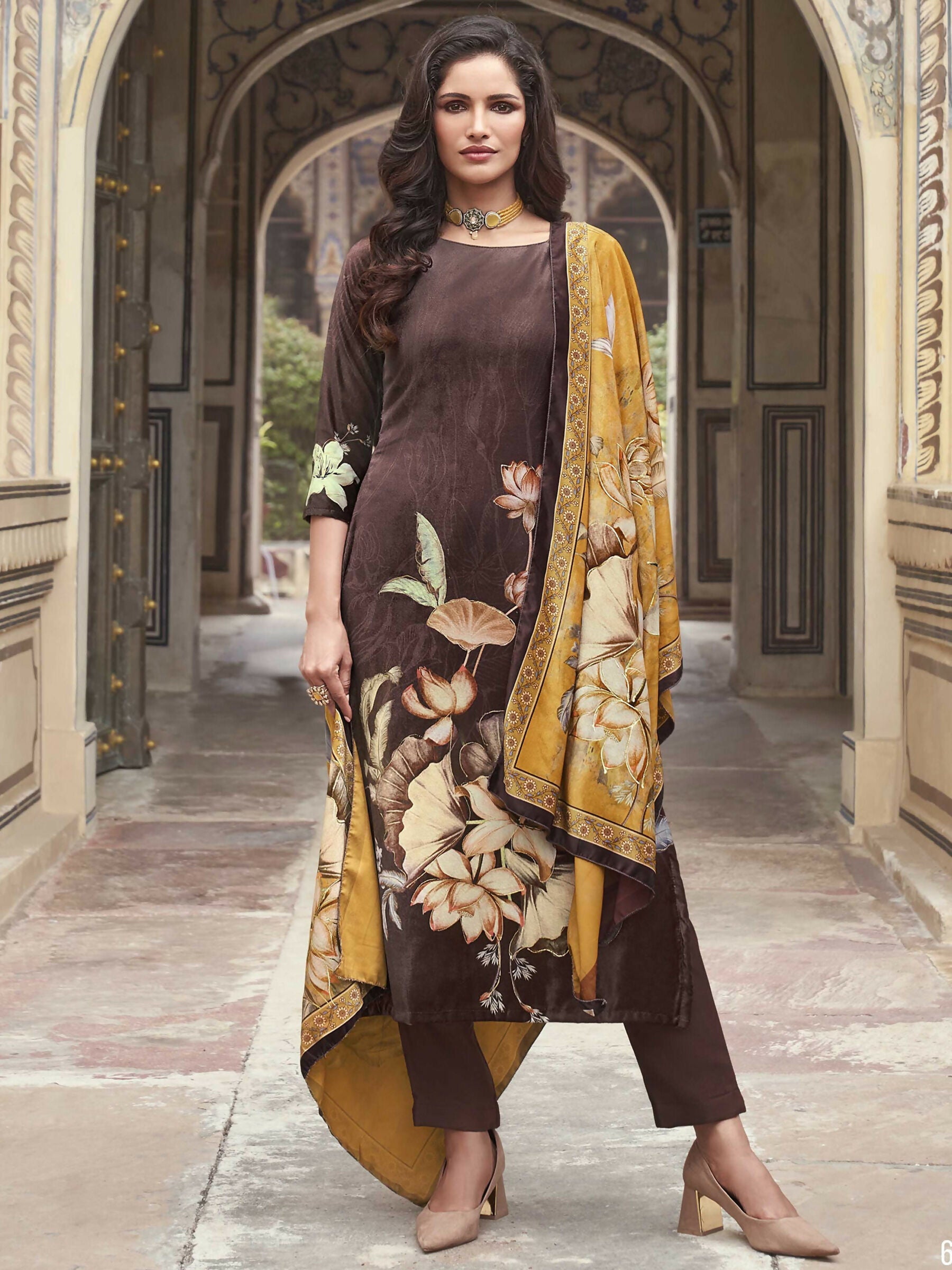 Jyoti Fashion Women's Brown Velvet Floral Digital Printed Kurta with Trouser & Dupatta | Swadesiicart