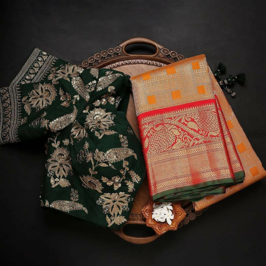 DEIANA'S Beautiful Designer Golden zari Soft Lichi Silk Saree - Orange - Swadesiicart