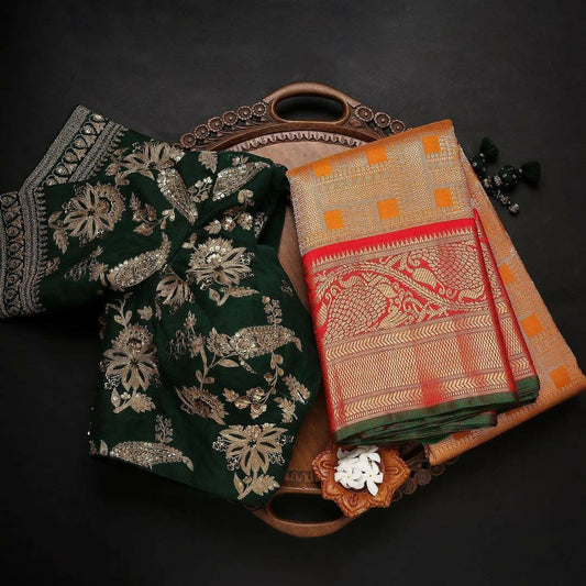 DEIANA'S Beautiful Designer Golden zari Soft Lichi Silk Saree - Orange - Swadesiicart