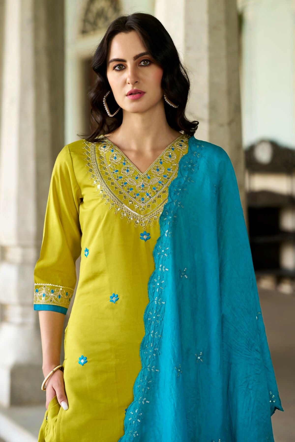 The52 Lemon Beautiful Embroidered Viscose Chanderi Fabric Straight Kurta Pant with Dupatta Set - Swadesiicart