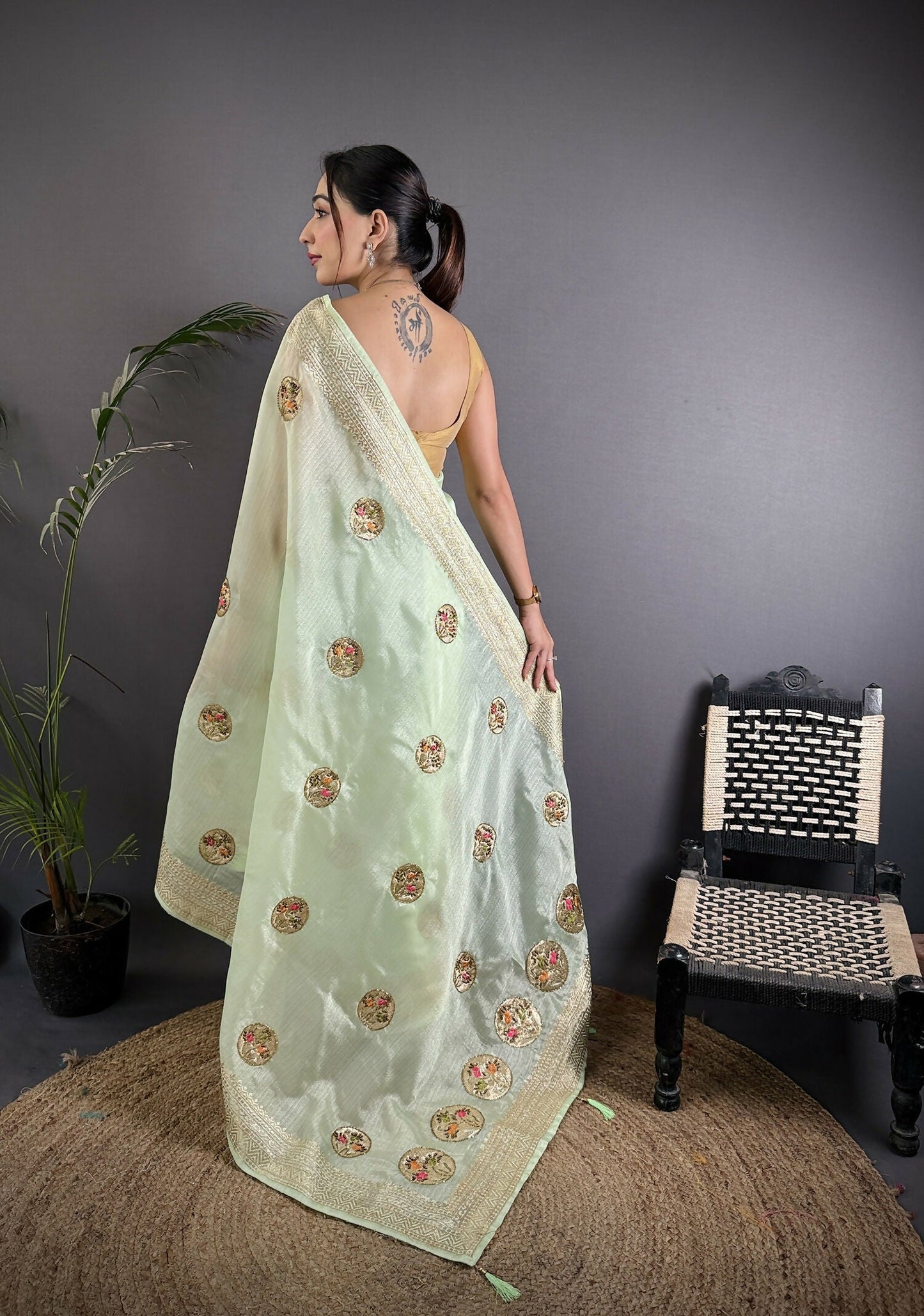Joban Fashion Light Green Handloom Banarasi Organza Silk Khatali Butta Work Saree | Swadesiicart