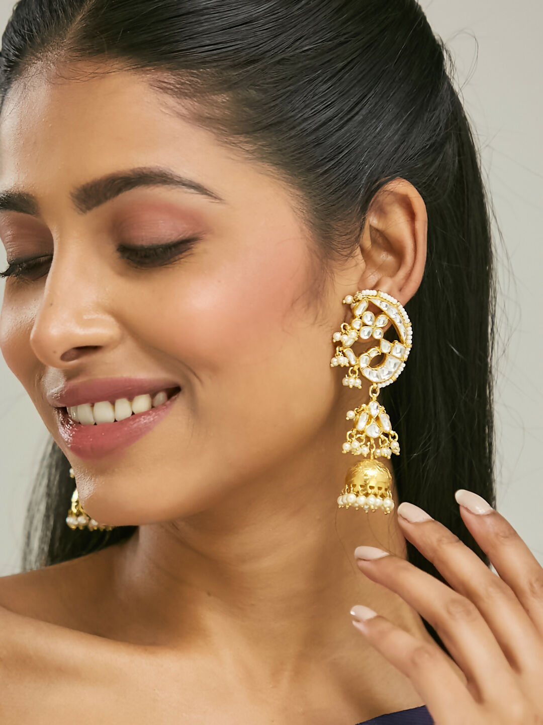 Nuyug 22K Gold-Plated Elegant Kundan Stone Studded & Pearl Drops Mini Jhumki Dangler Earrings | Swadesiicart