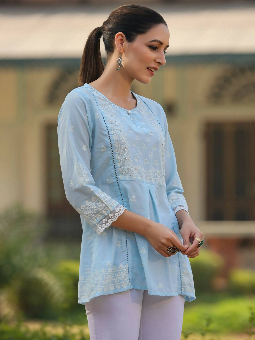 Juniper Women's Powderblue Cambric Floral Printed Tunic | Swadesiicart