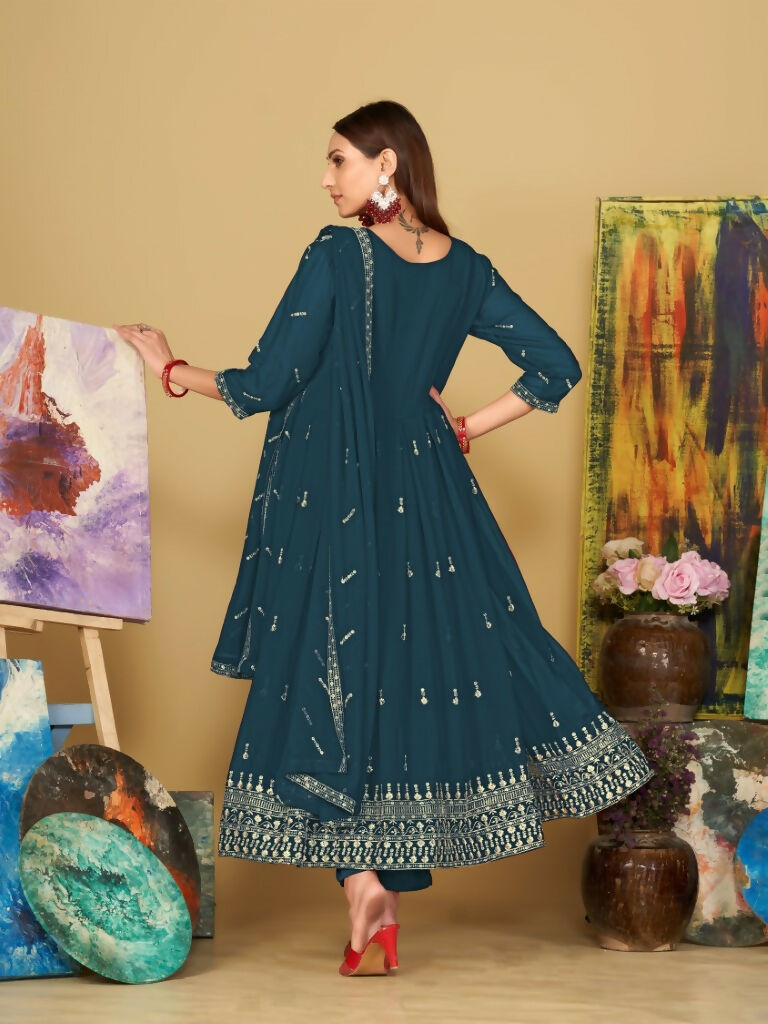 Jyoti Fashion Women's Rama Georgette Embroidered Anarkali Kurta Pant Set With Dupatta | Swadesiicart