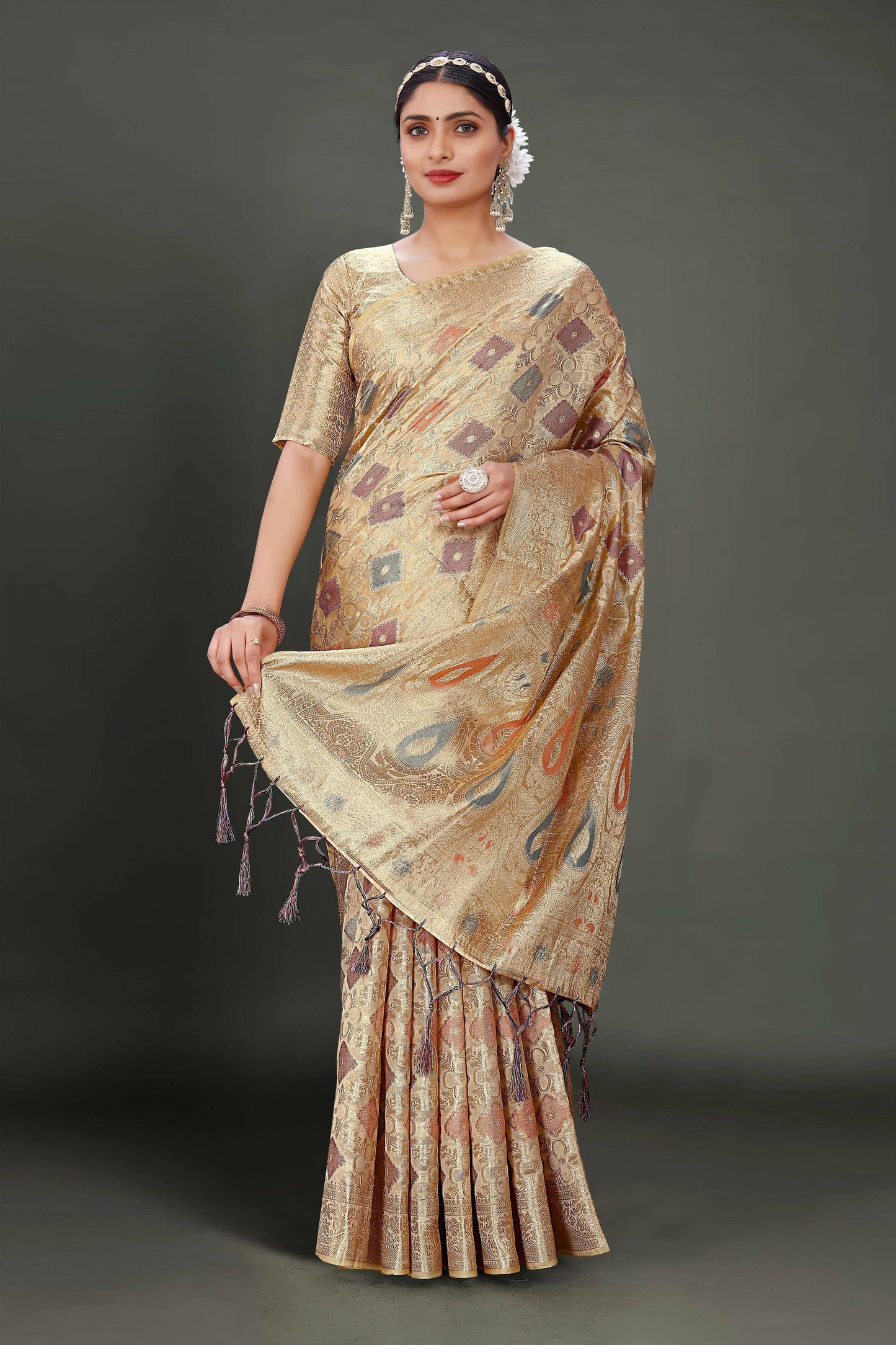 Beige Soft Organza Woven Design Saree With Unstitched Blouse Piece - Zaara